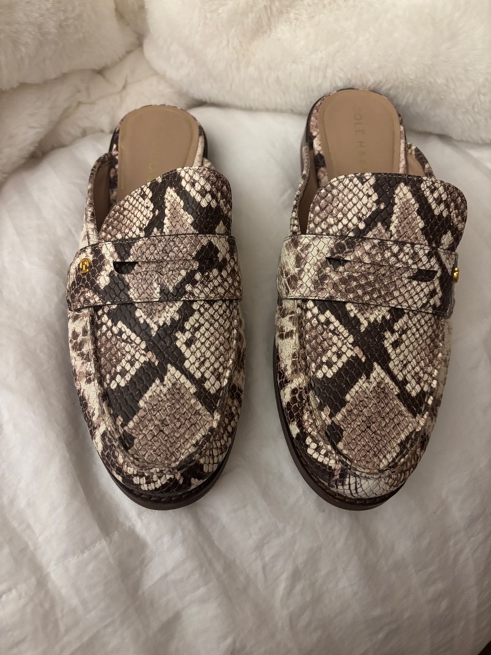 Cole Haan Snake-Print Slip-On Mules in Brown and Cream - Picture 2 of 5